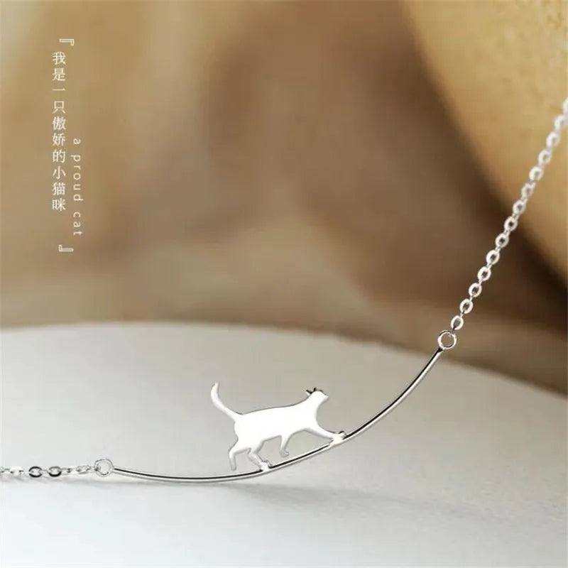 Curved Cat Necklace - 925 Sterling Silver