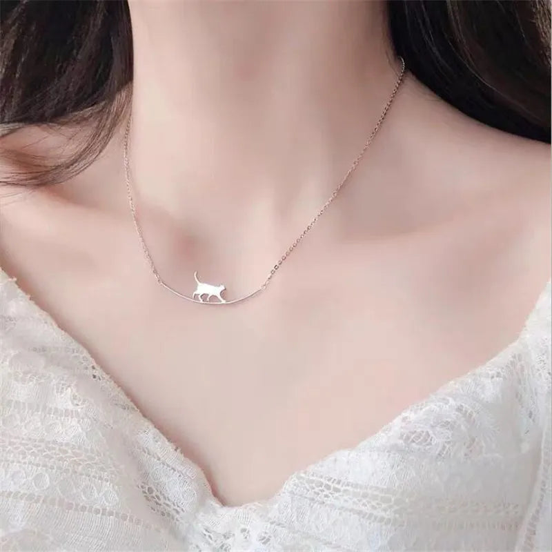 Curved Cat Necklace - 925 Sterling Silver