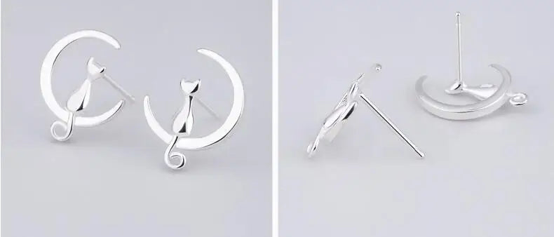 Cat On The Moon Earrings - 925 Sterling Silver