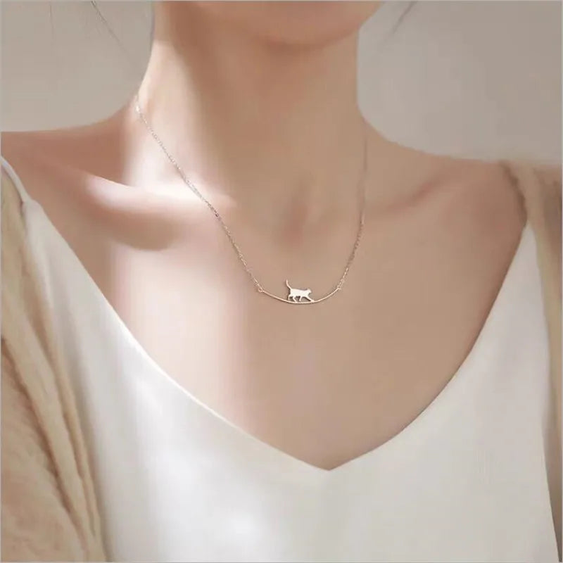 Curved Cat Necklace - 925 Sterling Silver