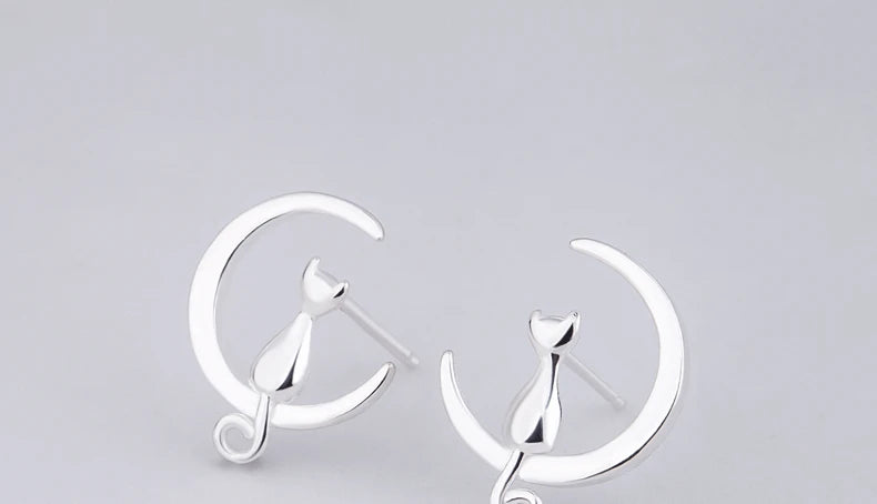Cat On The Moon Earrings - 925 Sterling Silver