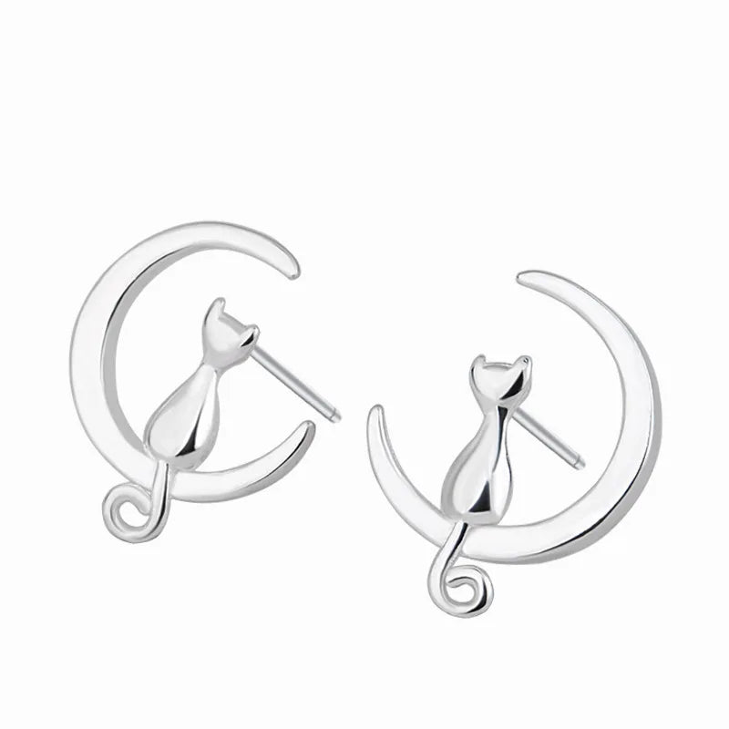 Cat On The Moon Earrings - 925 Sterling Silver