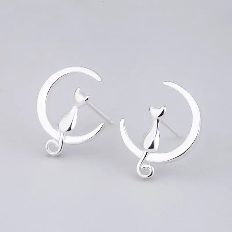 Cat On The Moon Earrings - 925 Sterling Silver